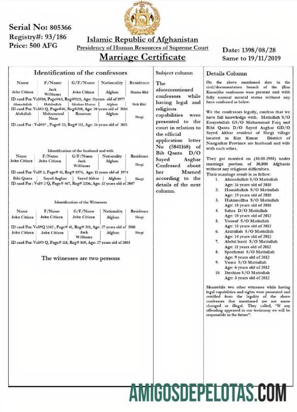 Certidão de Casamento no AFEGANISTÃO exemplo real